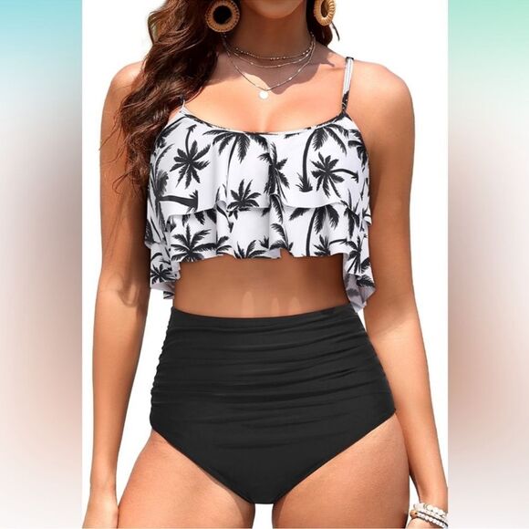 NWT 2 piece swimsuit ruffled flounce top high full coverage bottom NEW XL - Picture 1 of 9